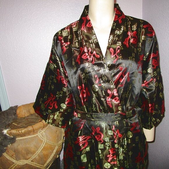 Vintage CHINESE One Size ROBE Smoking Jacket LONGEVITY & WEALTH Silky KIMONO - Picture 2 of 10